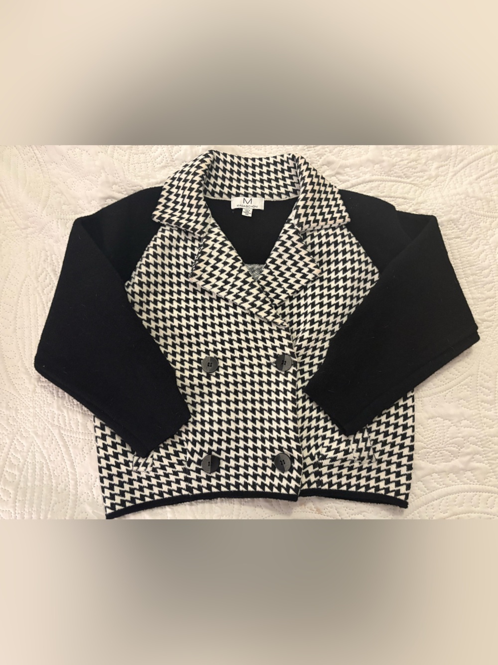 MAGASCHONI Houndstooth Knit Jacket Black White Double Breasted Quiet Luxury Sz S - Picture 13 of 16